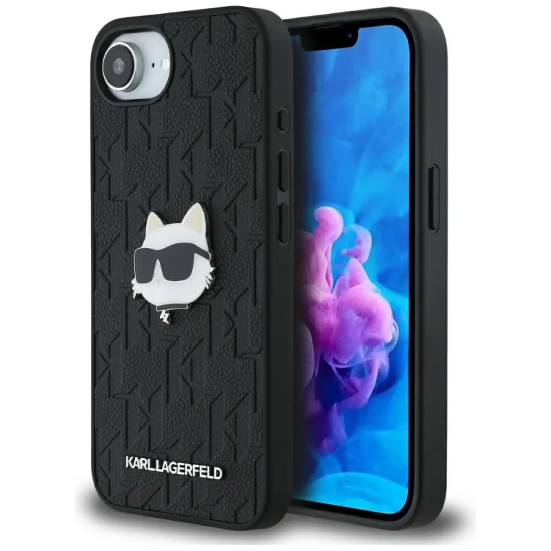 Karl Lagerfeld Monogram Choupette Head Pin Puzdro na iPhone 16e – čierne