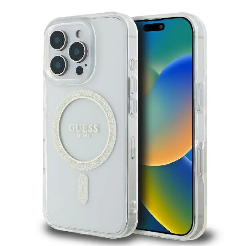 Guess GUHMP16LHFGERET iPhone 16 Pro 6,3" priehľadné pevné puzdro IML Glitter Circle MagSafe