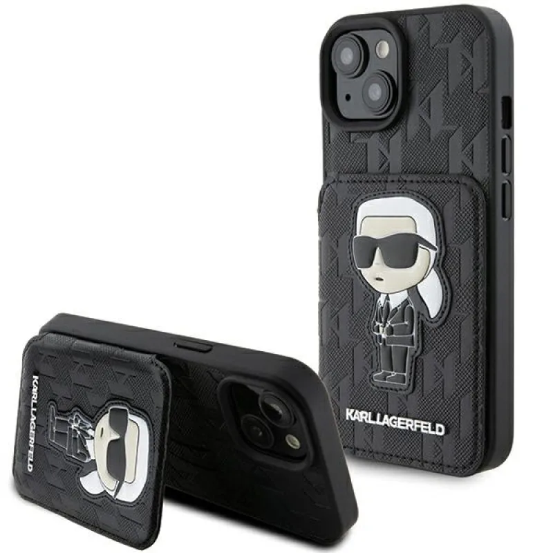 Karl Lagerfeld Saffiano sloty na karty a stojan Monogram Ikonik Patch puzdro pre iPhone 15 - čierne