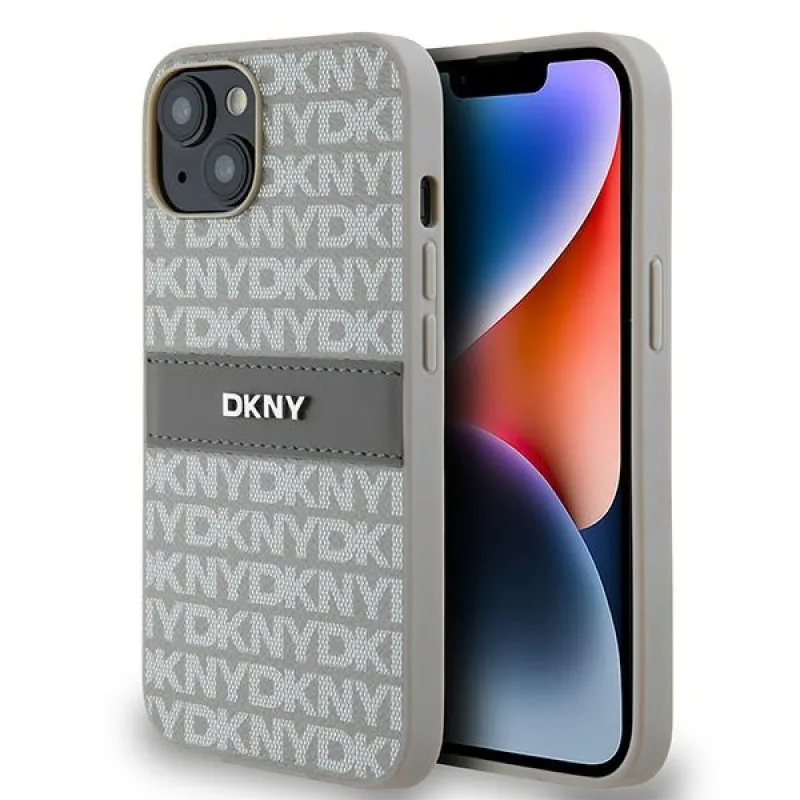 Kožené puzdro DKNY Mono Stripe & Metal Logo pre iPhone 15 / 14 / 13 - béžové