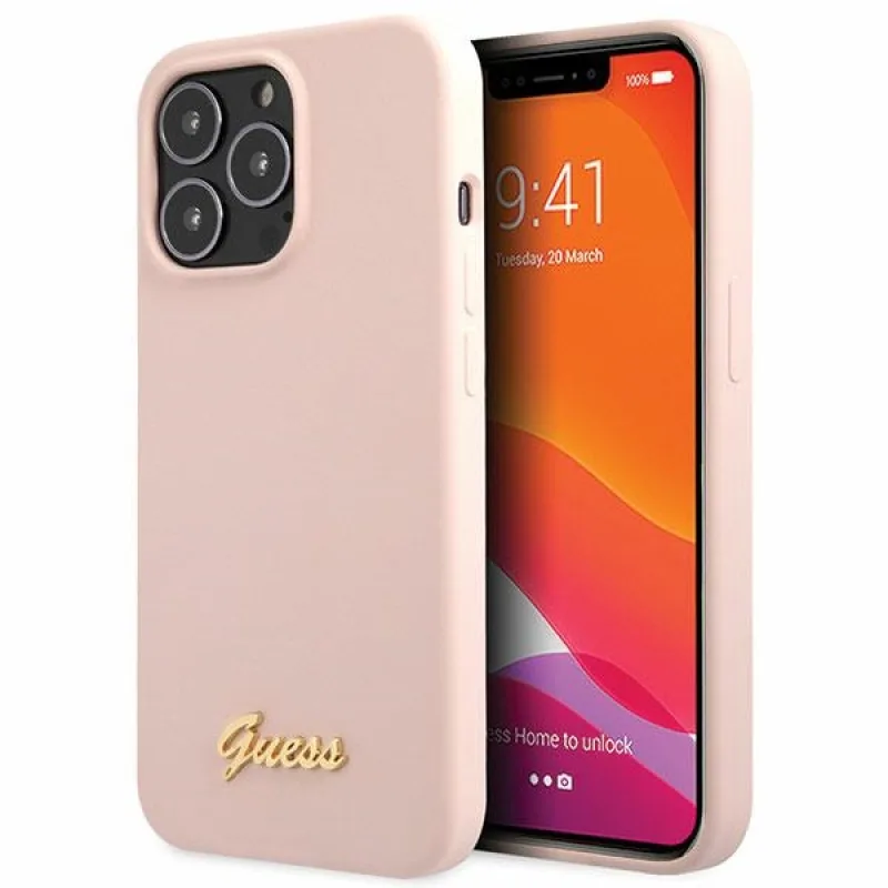 Guess GUHCP13XLSLMGLP iPhone 13 Pro Max 6,7" svetloružové/svetloružové pevné puzdro Silicone Script Gold Logo