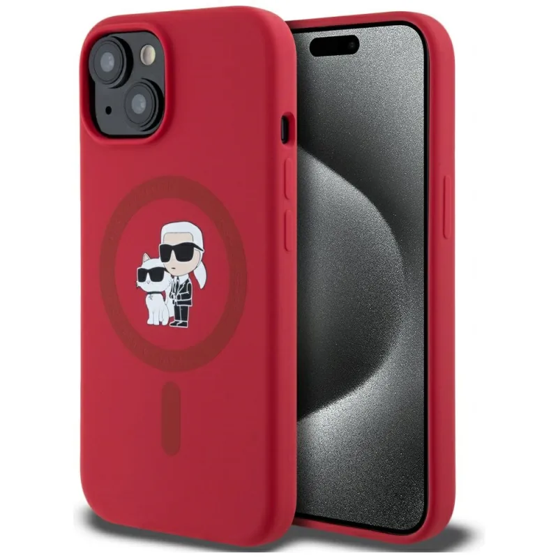 Karl Lagerfeld silikónový krúžok na hlavu Karl&Choupette MagSafe iPhone 15 – červený