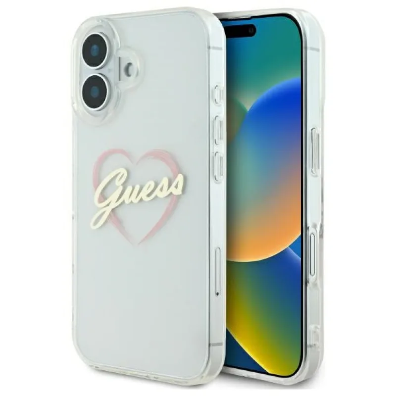 Puzdro Guess IML Heart na iPhone 16 – priehľadné