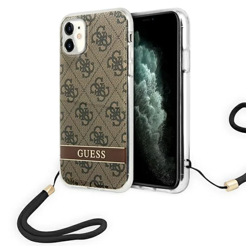 Pevné puzdro Guess GUOHCN61H4STW na iPhone 11 hnedo-hnedé, 4G tlačový remienok
