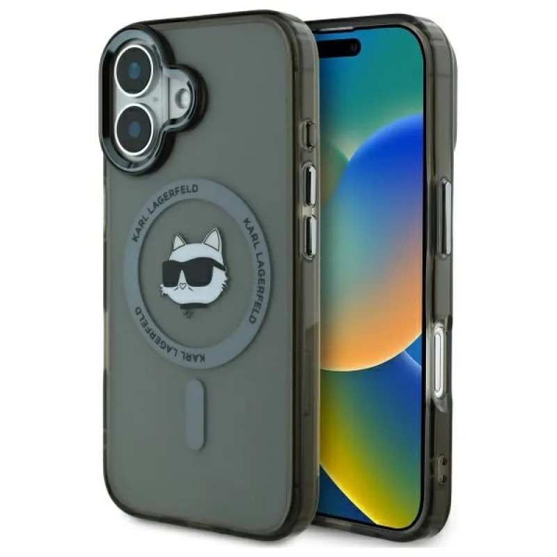 Karl Lagerfeld IML Metal Choupette Head MagSafe iPhone 16 Plus puzdro – čierne