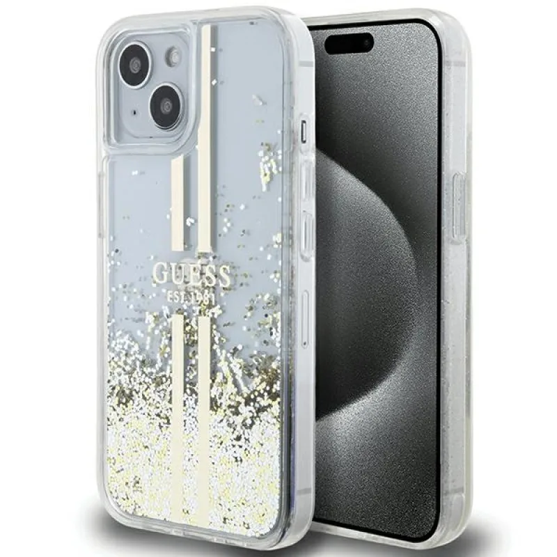 Puzdro Guess Liquid Glitter Gold Stripes pre iPhone 15 Plus / 14 Plus - priehľadné
