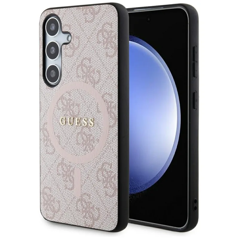 Guess 4G Collection kožené kovové logo MagSafe puzdro pre Samsung Galaxy S24 – ružové