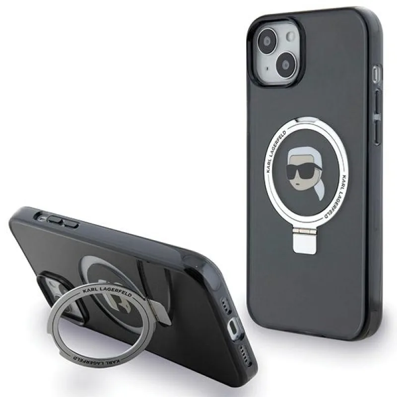 Karl Lagerfeld KLHMP15SHMRSKHK iPhone 15 6,1" čierno/čierne pevné puzdro Ring Stojan Karl Head MagSafe