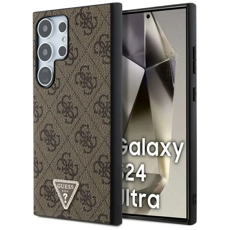 Guess Grip Stand 4G štrasové puzdro Triangle pre Samsung Galaxy S24 Ultra - hnedé