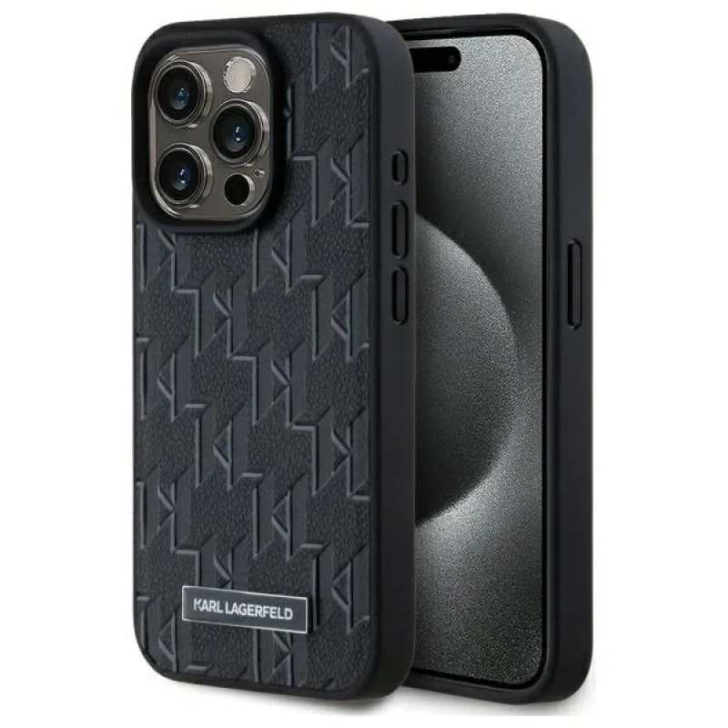 Kožené puzdro Karl Lagerfeld s monogramom a kovovým logom MagSafe iPhone 15 Pro – čierne