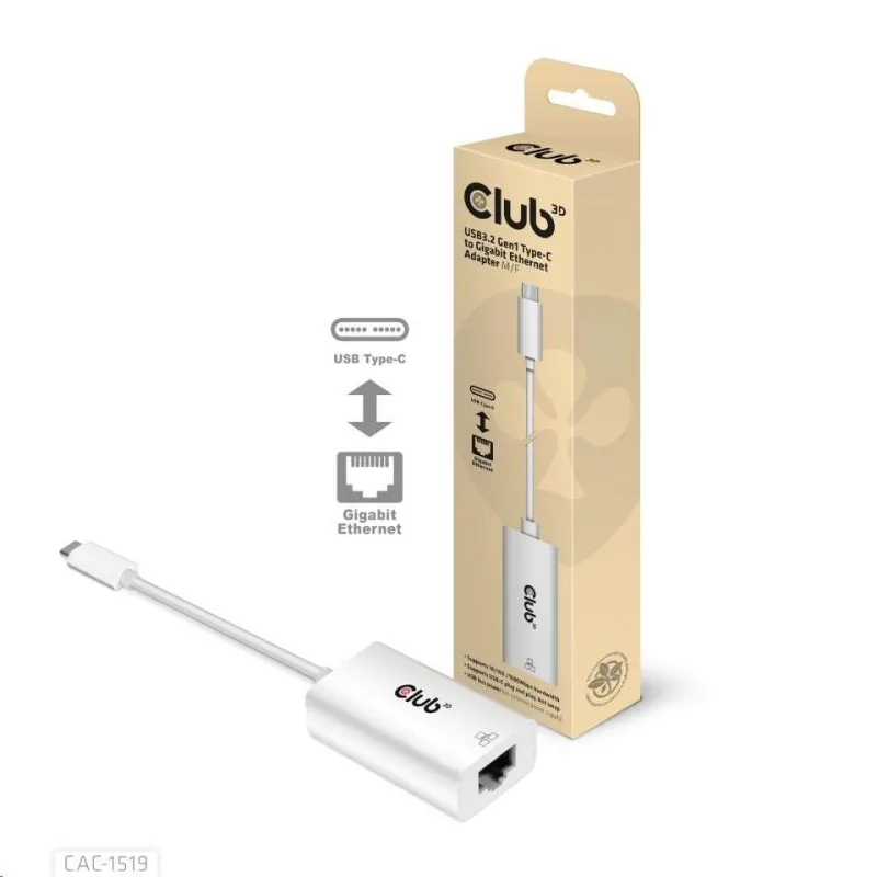 Aktívny USB adaptér Club3D 3.2 Typ C na LAN (Gigabit Ethernet - 1Gb), 20…