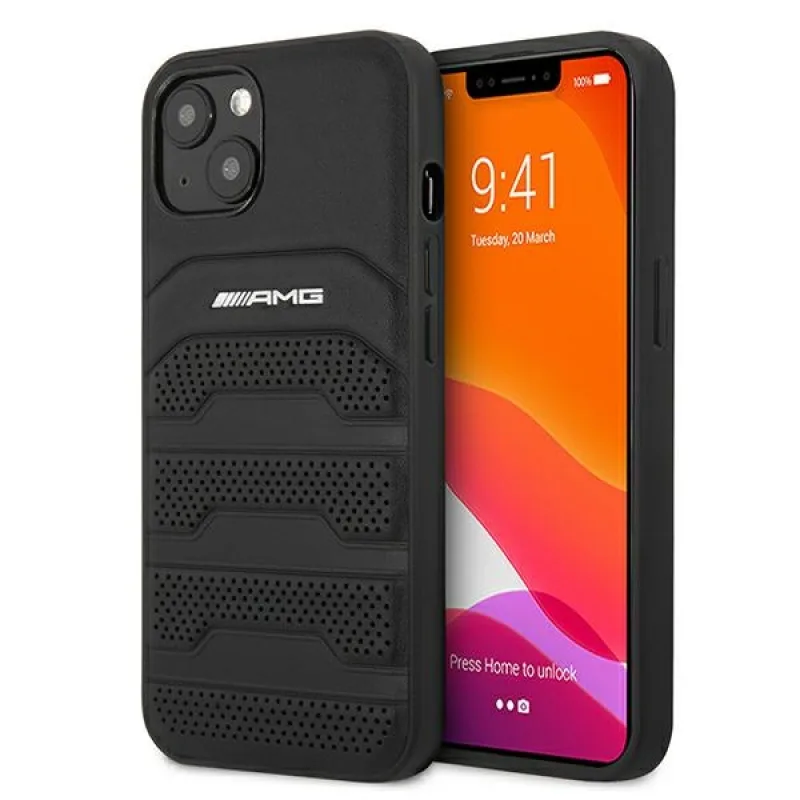 Kožené puzdro AMG Debossed Lines pre iPhone 13 mini - čierne