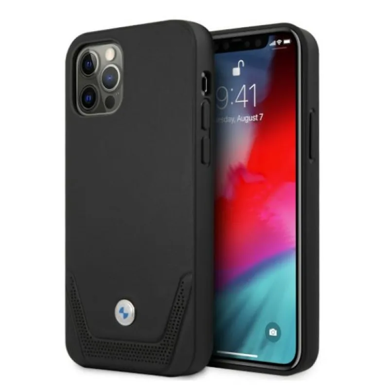 BMW kožené perforované puzdro pre iPhone 12 / iPhone 12 Pro - čierne