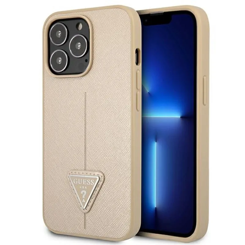 Guess GUHCP13LPSATLE iPhone 13 Pro / 13 6,1" béžovo/béžové pevné puzdro SaffianoTriangle Logo