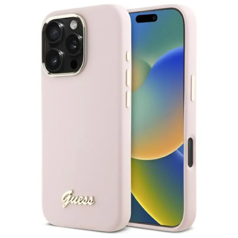 Guess Silicone Script Metal Logo & Frame Puzdro iPhone 16 Pro Max – ružové