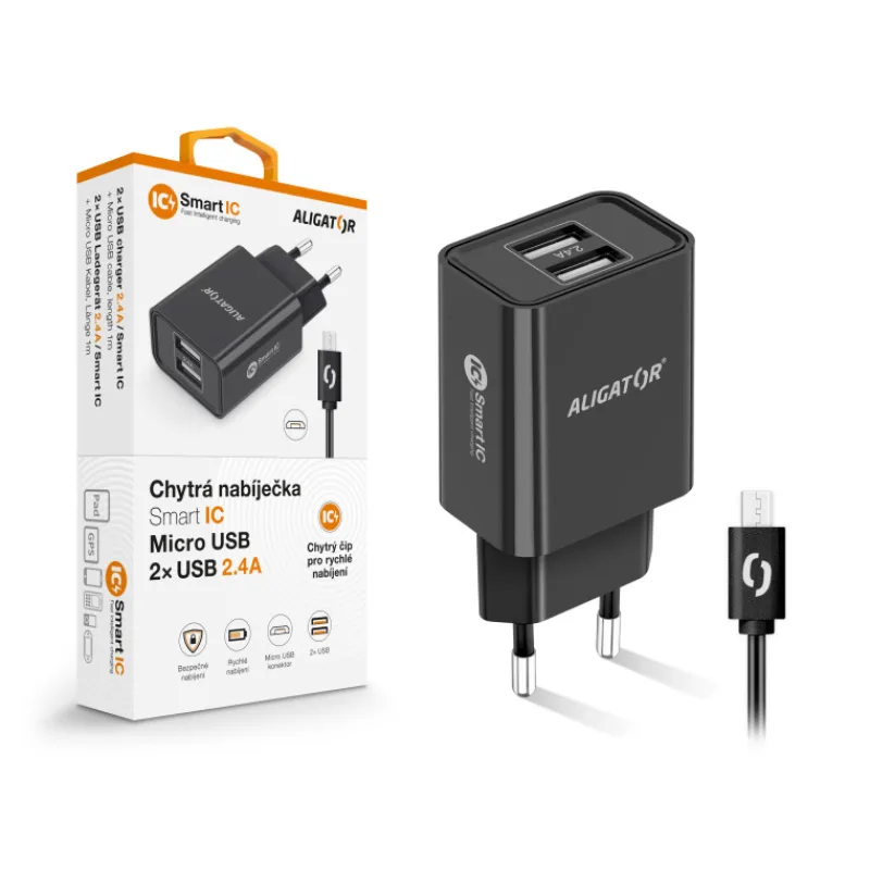 Múdra sieťová nabíjačka ALIGATOR 2, 4 A, 2xUSB, smart IC, čierna, micro…