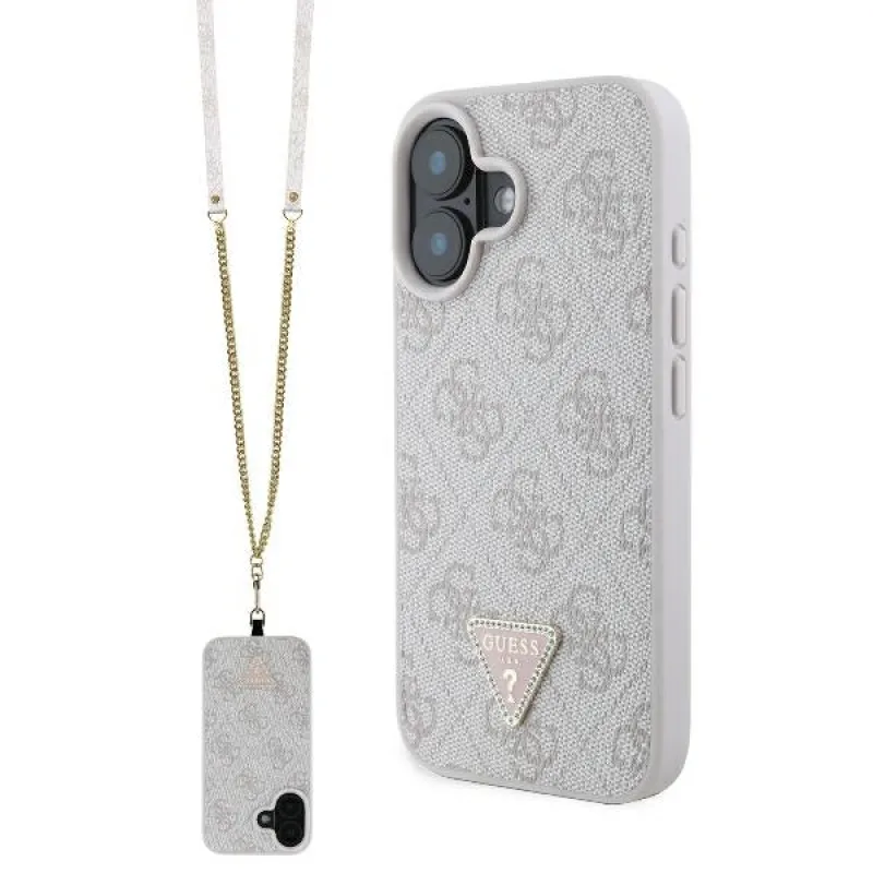 Guess Leather Metal Logo Strass Crossbody Case pre iPhone 16 – ružový