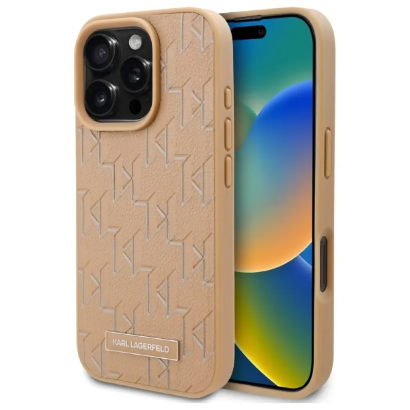 Kožené puzdro Karl Lagerfeld s monogramom a kovovým logom MagSafe iPhone 16 Pro – béžové