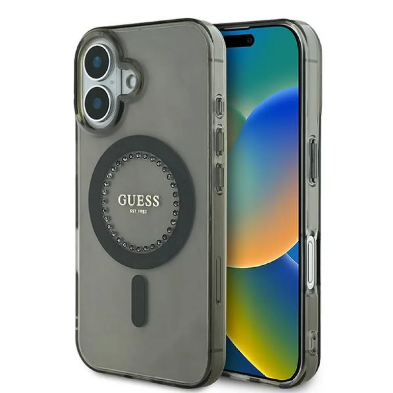 Puzdro Guess IML Rhinestones MagSafe iPhone 16 Plus – čierne