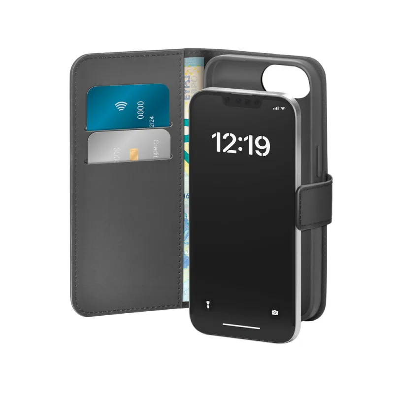 Puzdro z ekokože Puro pre iPhone 16E W/horiz.flip+2 slot na kartu+vrecko na bankovky+kryt čierny
