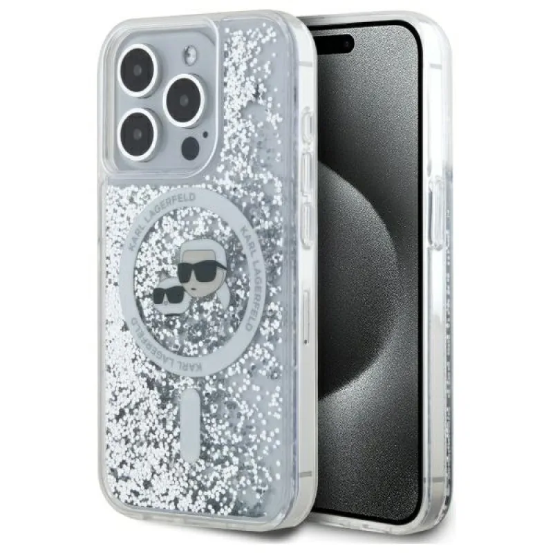 Karl Lagerfeld Tekuté glitre Karl & Choupette Head Magsafe iPhone 15 Pro Case – priehľadné