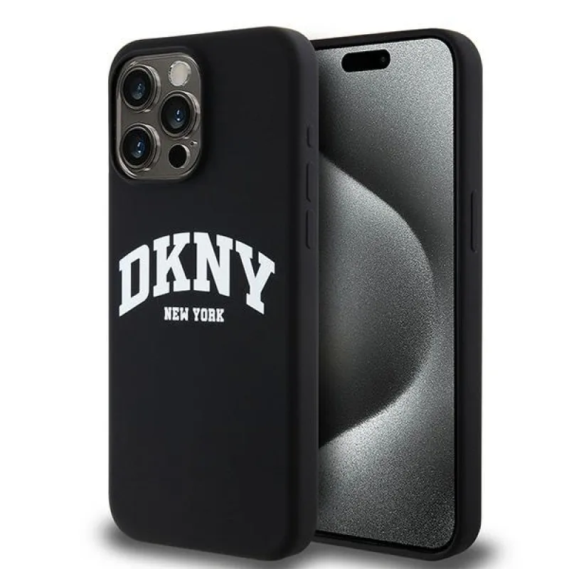 Tekuté silikónové puzdro DKNY s bielym logom MagSafe iPhone 14 Pro Max – čierne