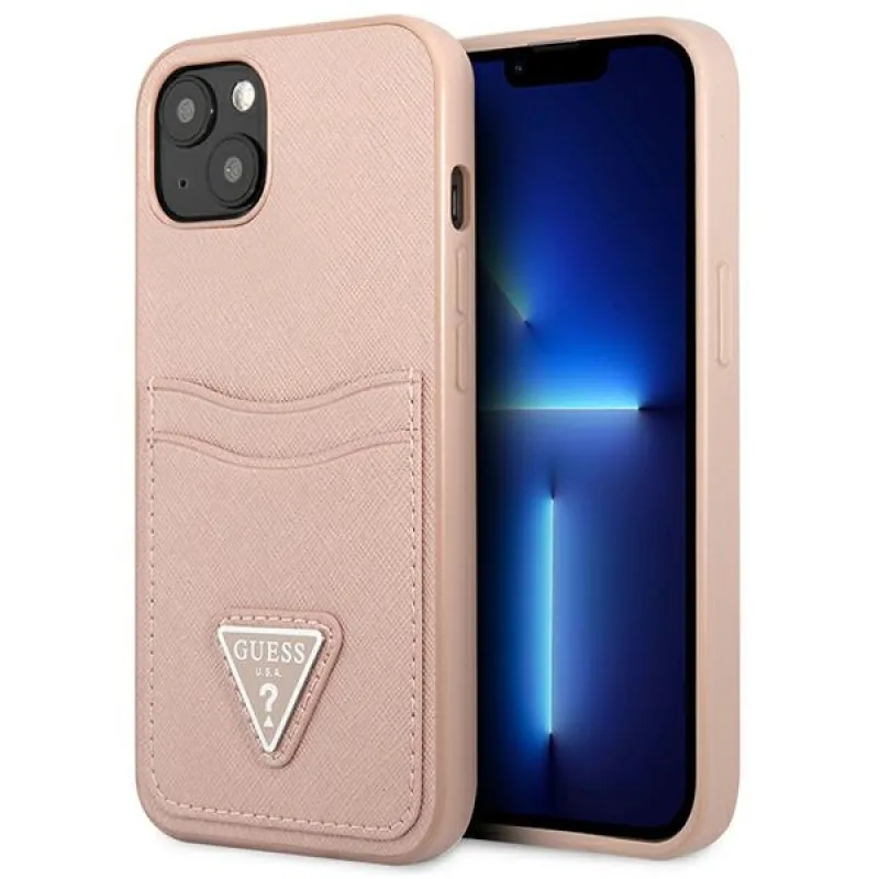 Guess GUHCP13MPSATPP iPhone 13 6,1" ružovo-ružové pevné puzdro SaffianoTriangle Logo Cardslot