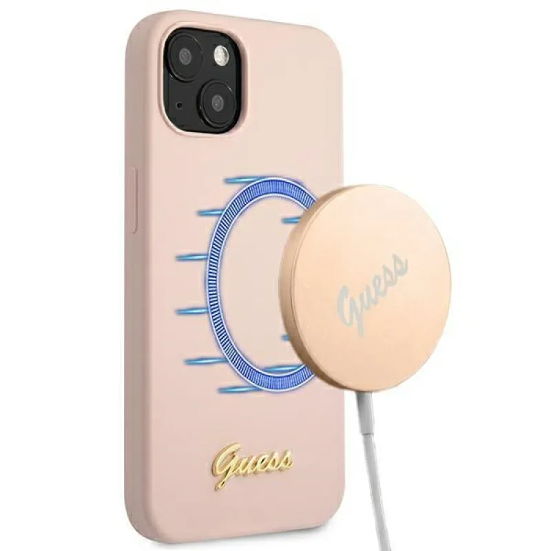 Guess GUHMP13MLSLMGLP iPhone 13 6,1" svetloružové/svetloružové pevné puzdro Silicone Script Gold Logo Magsafe