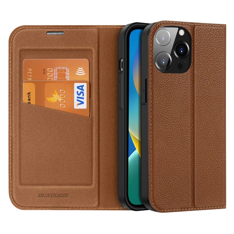 Puzdro Dux Ducis Skin X2 pre iPhone 14 Pro Max s magnetickou chlopňou hnedé