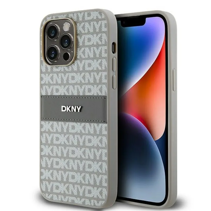 Obal DKNY Leather Mono Stripe & Metal Logo pre iPhone 14 Pro Max - béžový