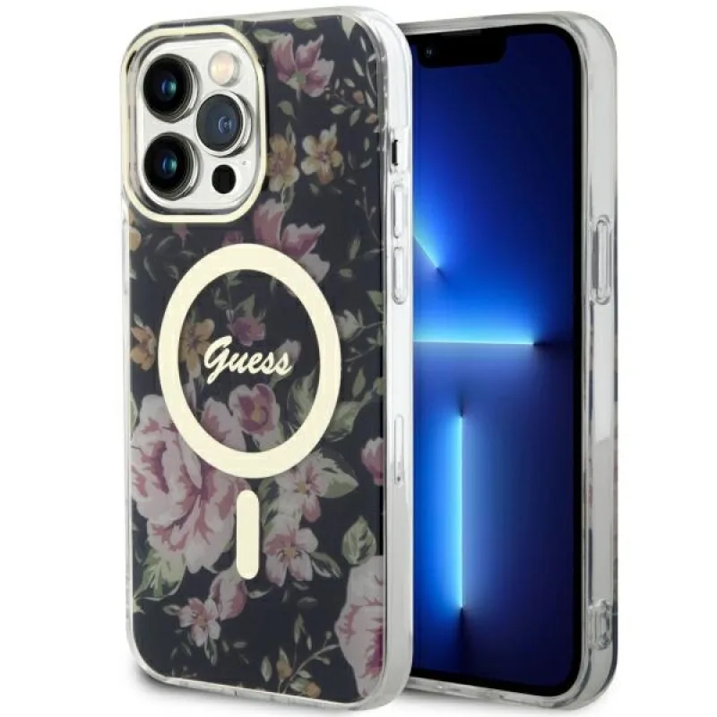 Guess GUHMP14XHCFWSK iPhone 14 Pro Max 6,7" čierno-čierne pevné puzdro Flower MagSafe