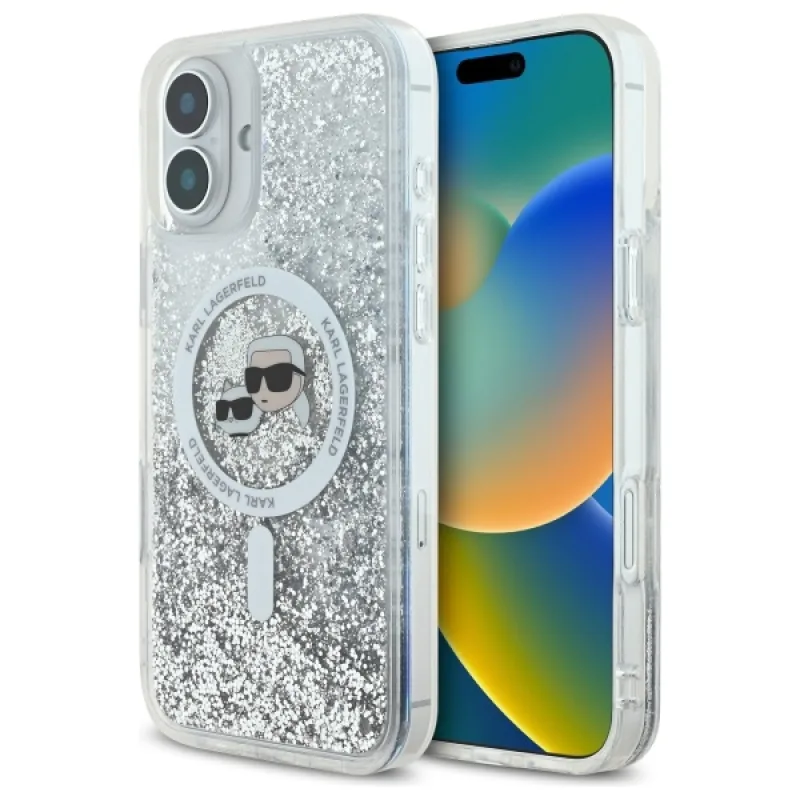 Karl Lagerfeld Tekuté glitre Karl&Choupette Head Magsafe iPhone 16 Case – priehľadné