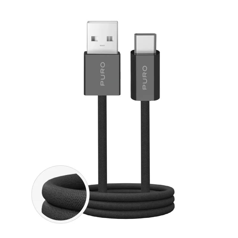 Pletený kábel Puro Fabrik 2.0 10 W USB-A – USB-C 1,5 m – čierny