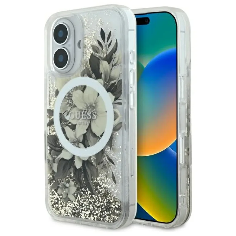 Puzdro Guess Liquid Glitter Flower MagSafe na iPhone 16 – béžové