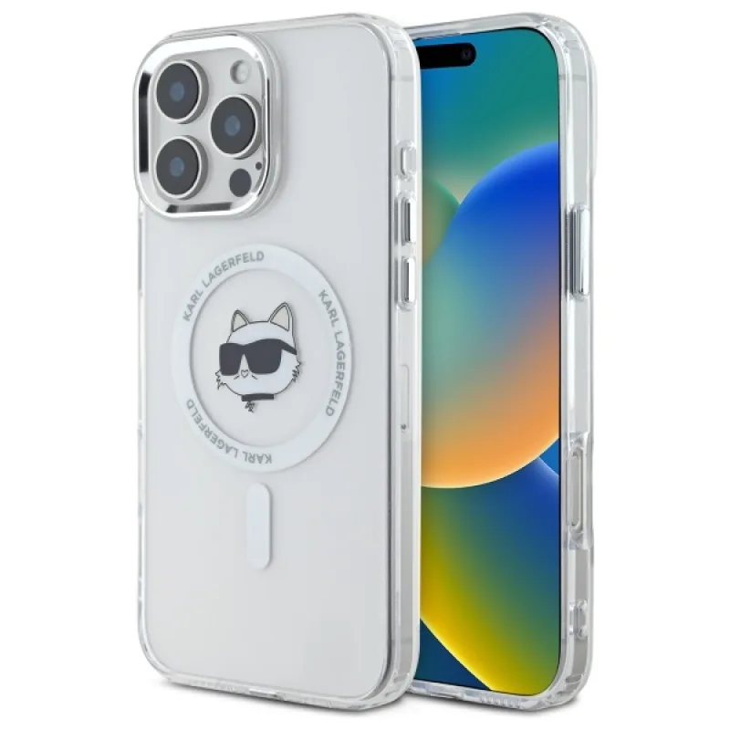 Puzdro Karl Lagerfeld IML Metal Choupette Head MagSafe iPhone 16 Pro – biele