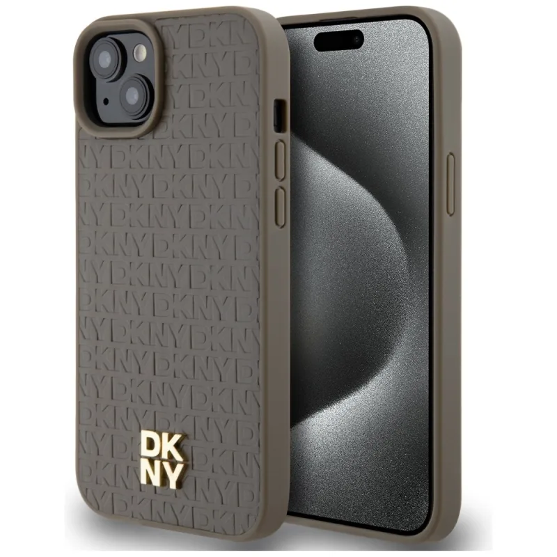 Kožené puzdro DKNY s kovovým logom MagSafe pre iPhone 15 Plus / 14 Plus – hnedé