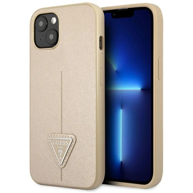 Guess GUHCP13SPSATLE iPhone 13 mini 5,4 "béžovo/béžové pevné puzdro SaffianoTriangle Logo