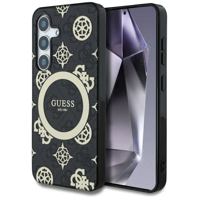 Puzdro MagSafe Guess 4G na pozadí Gold Electroplated Peony Pattern pre Samsung Galaxy S25 čierne