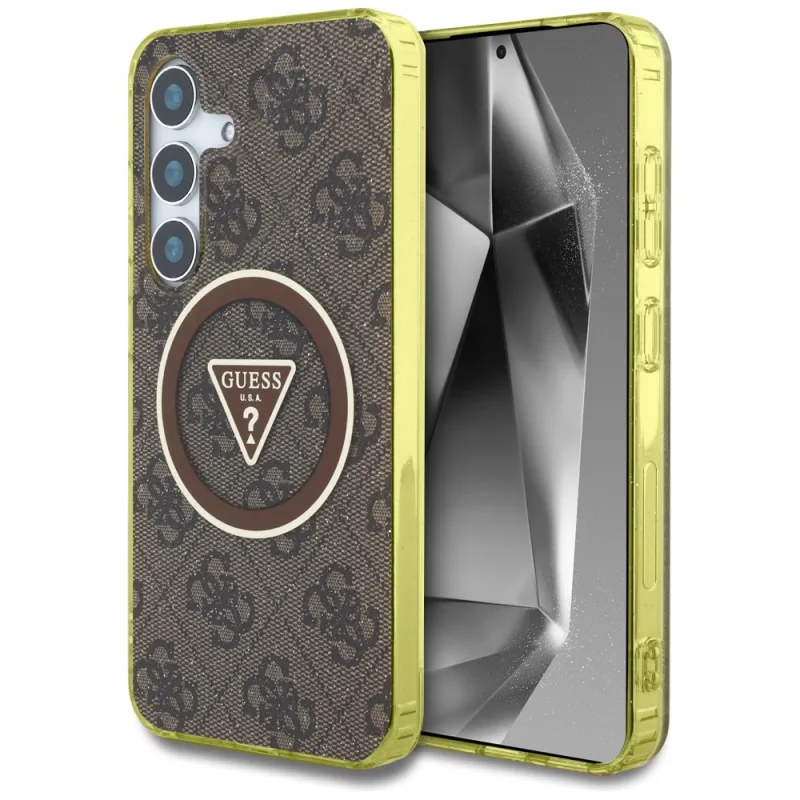 Puzdro Guess 4G Glitter Triangle Buttons MagSafe pre Samsung Galaxy S25 hnedé