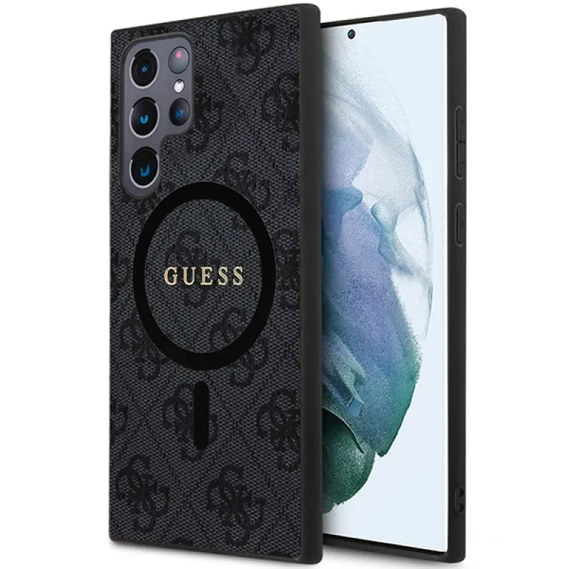 Guess 4G Collection kožené kovové logo MagSafe puzdro pre Samsung Galaxy S24 Ultra - čierne