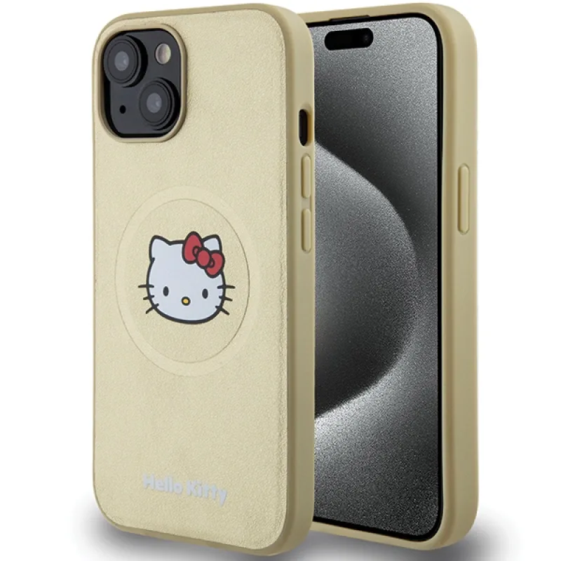 Kožené puzdro Hello Kitty Kitty Head MagSafe pre iPhone 14 - zlaté