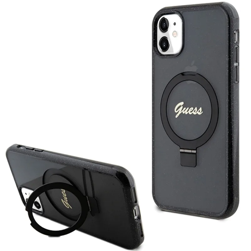 Guess Ring Stand Script Glitter MagSafe puzdro pre iPhone 11 / Xr - čierne