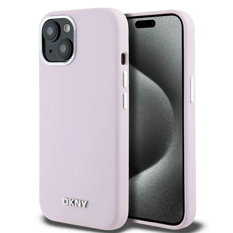 DKNY tekutý silikónový obal s malým kovovým logom MagSafe pre iPhone 15 Plus / 14 Plus – ružový
