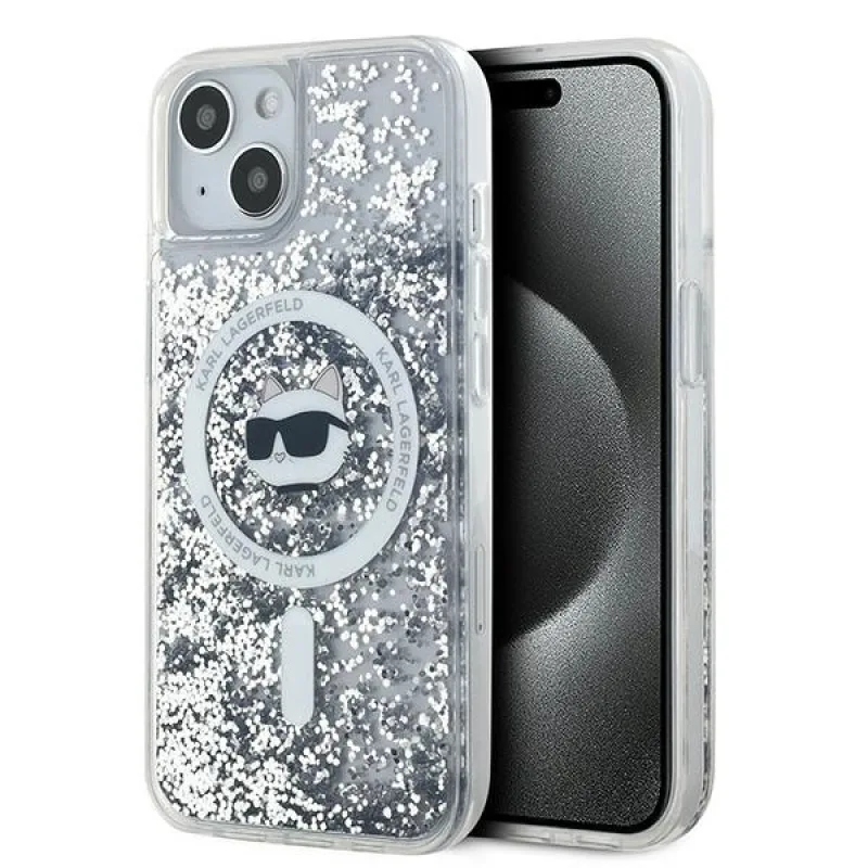 Tekuté puzdro MagSafe s trblietavou hlavou Karl Lagerfeld pre iPhone 15 Plus / 14 Plus – priehľadné