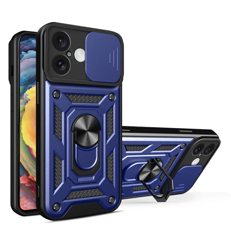 Pancierové puzdro Hybrid Armor Camshield iPhone 16 Plus s krytom fotoaparátu a stojanom – modré