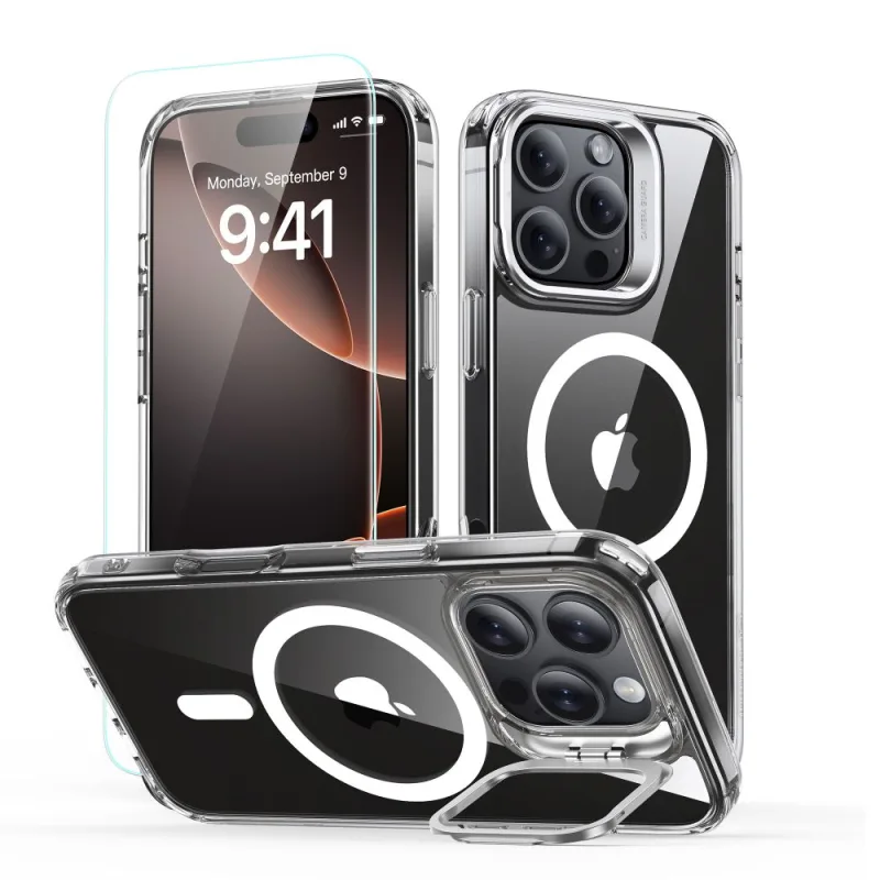 Sada puzdier ESR Classic Hybrid Kickstand Halolock MagSafe so stojanom + tvrdené sklo pre iPhone 16 Pro – číre