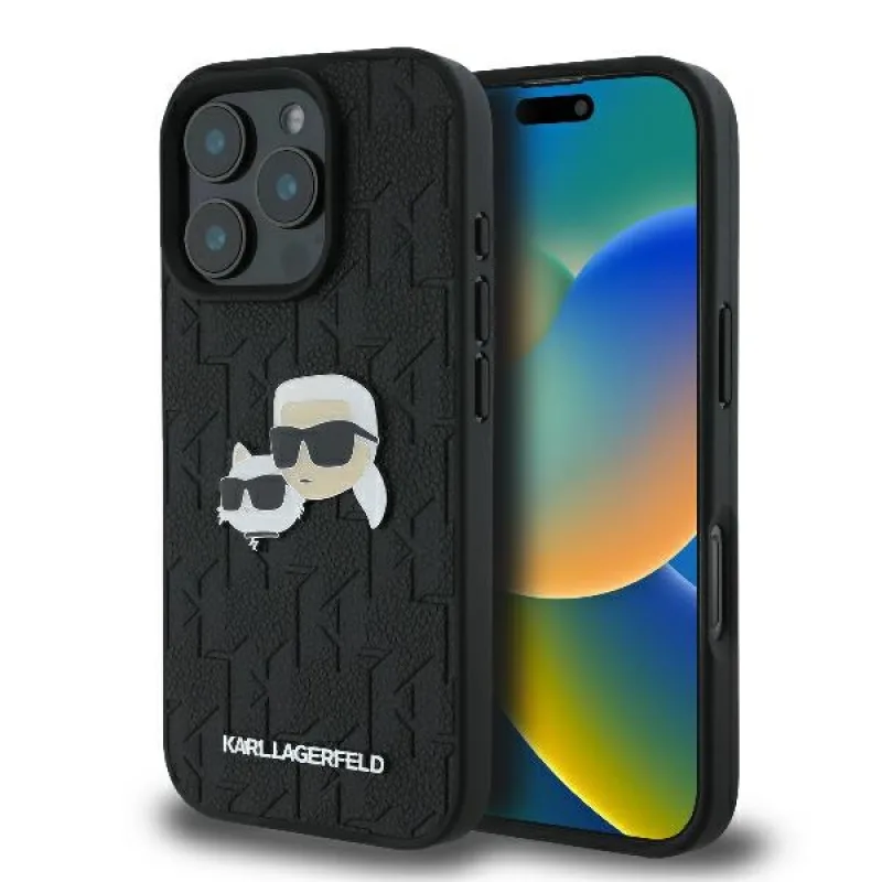 Puzdro Karl Lagerfeld Monogram Karl & Choupette Head Pin Case pre iPhone 16 Pro Max – čierne\