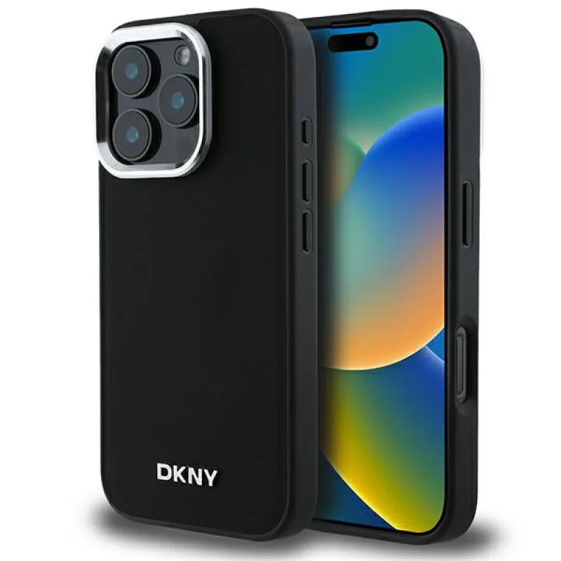 Puzdro DKNY Plain Silver Logo MagSafe iPhone 16 Pro Max – čierne