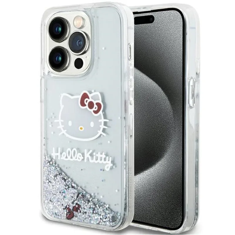 Puzdro Hello Kitty Liquid Glitter Charms Kitty Head pre iPhone 14 Pro Max - strieborné