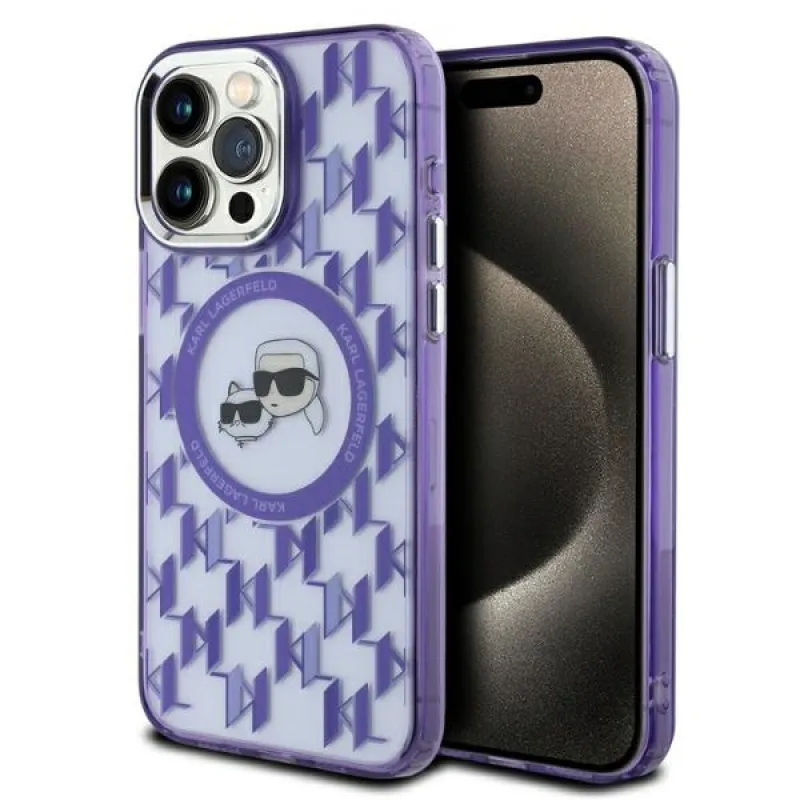 Karl Lagerfeld IML Monogram Karl & Choupette Head Puzdro MagSafe iPhone 15 Pro – fialové